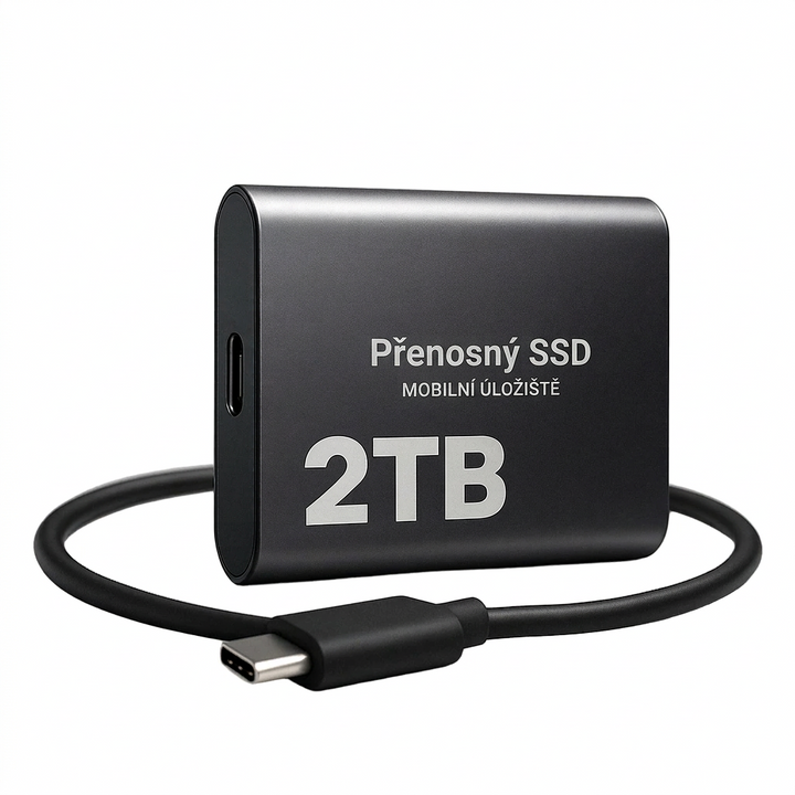Černý kovový SSD disk s kabelem USB-C stočeným kolem na bílém pozadí 1