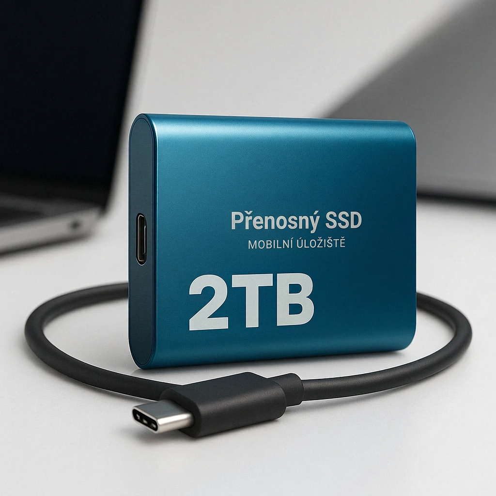 Modrý SSD disk s kabelem USB-C na stole, v pozadí rozostřený notebook 2