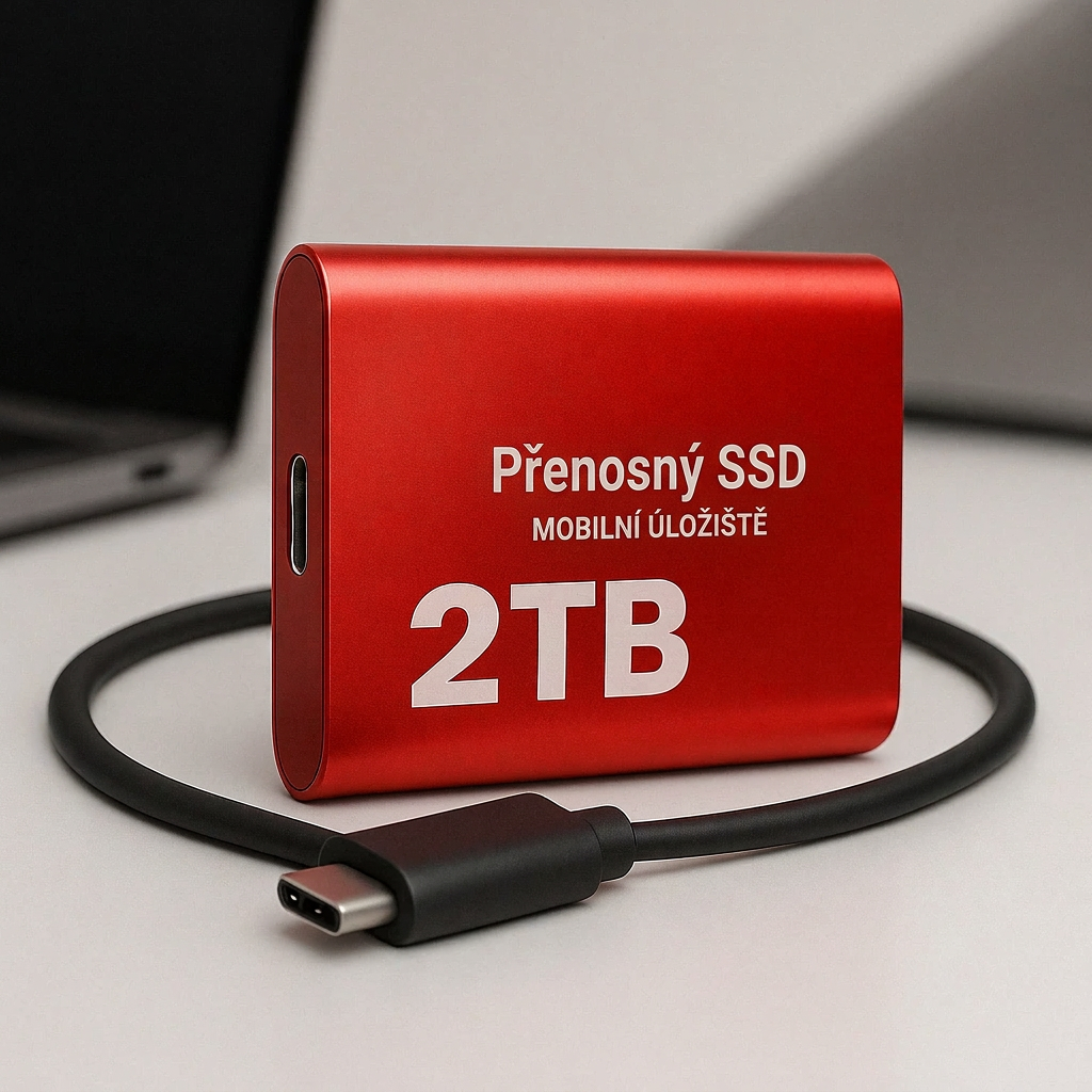 Červený SSD disk s kabelem USB-C na stole, v pozadí rozostřený notebook 3