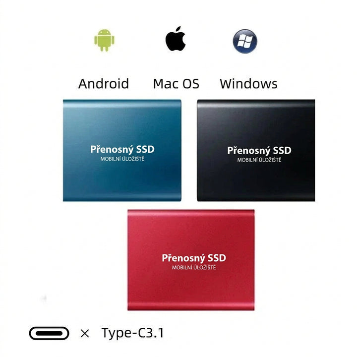 Tři barevné varianty disku, modrá, černá a červená, s ikonami kompatibilních systémů a portem USB-C 5