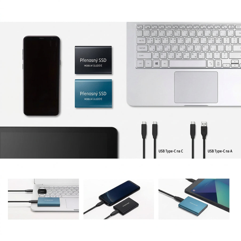 Rozložení disků vedle telefonu, notebooku a tabletu s kabely USB-C a ukázkami připojení 6