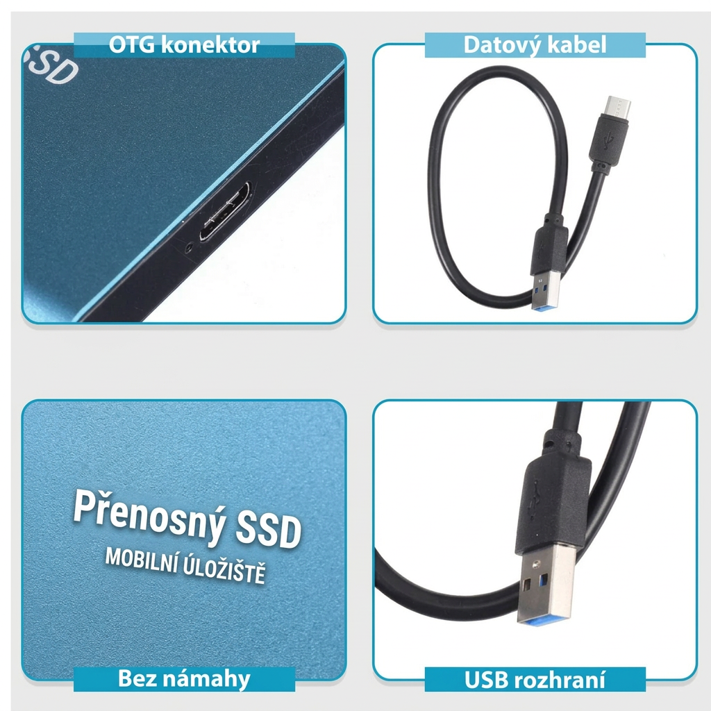 Čtyři detaily: konektor disku, propojovací kabel, popisek na povrchu a koncovka USB 7