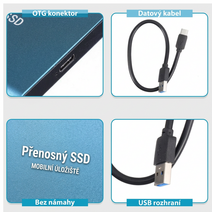 Čtyři detaily: konektor disku, propojovací kabel, popisek na povrchu a koncovka USB 7