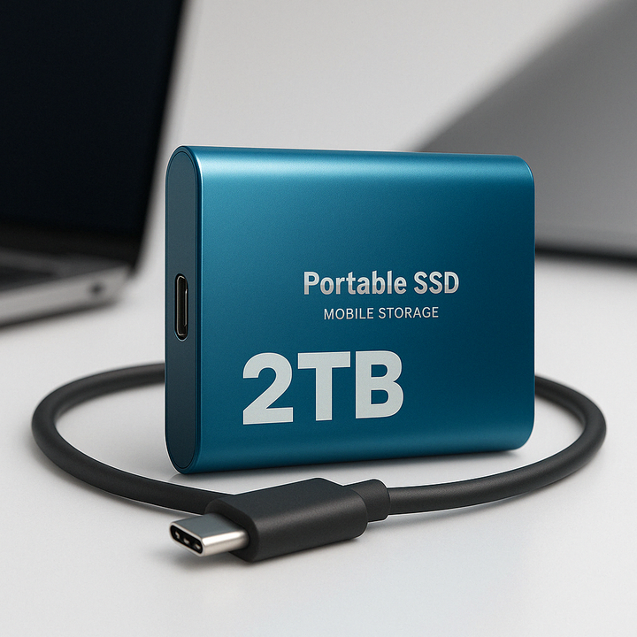 Modrý externí SSD disk s kabelem USB-C položený na stole před rozmazaným notebookem 2