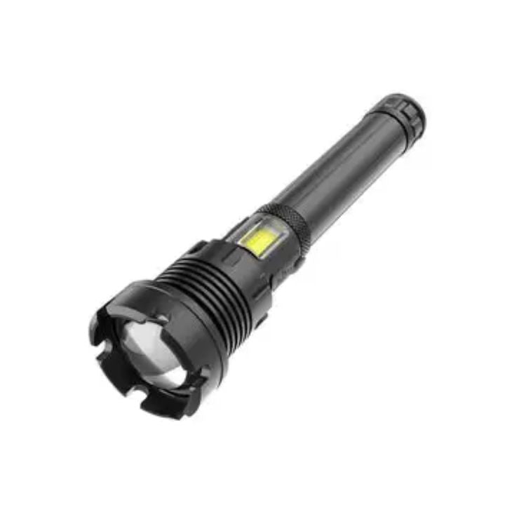 Schwarze LED-Taschenlampe, robust, wasserdicht, ideal für Outdoor-Abenteuer und Notfälle.
