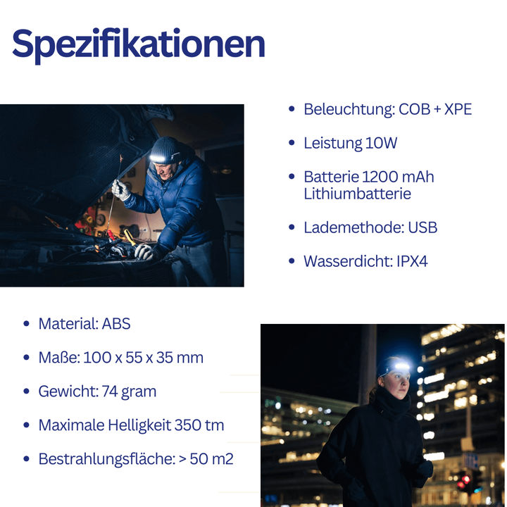 Kompakte LED-Stirnlampe, 10W, USB-Ladefunktion, wasserdicht IPX4, ideal für Outdoor-Aktivitäten.