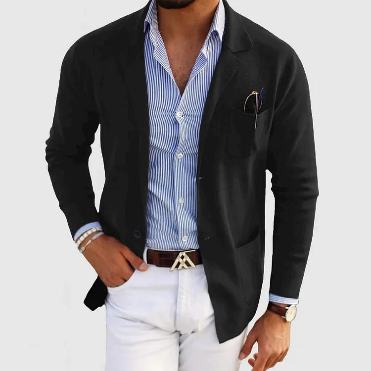 Herren Strickjacke schwarz, elegant, Baumwolle, Freizeitmode, modischer Blazer-Look.