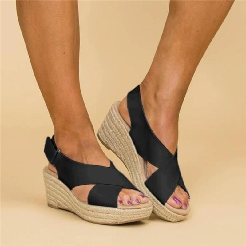 Schwarze Keilsandalen Damen, Sommer, bequem, Riemchen, Plateau, modisch, Freizeit, elegant