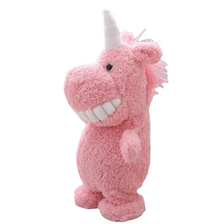 Rosa Plüsch-Einhorn mit großen Zähnen, Spielzeug für Kinder, kuschelig und weich.