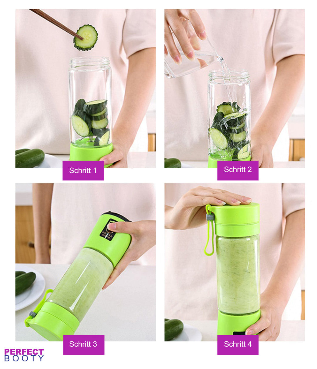 Tragbarer grüner Smoothie-Mixer, Glasbehälter, Zubereitung von Gurken-Smoothie, Schritt-für-Schritt-Anleitung.