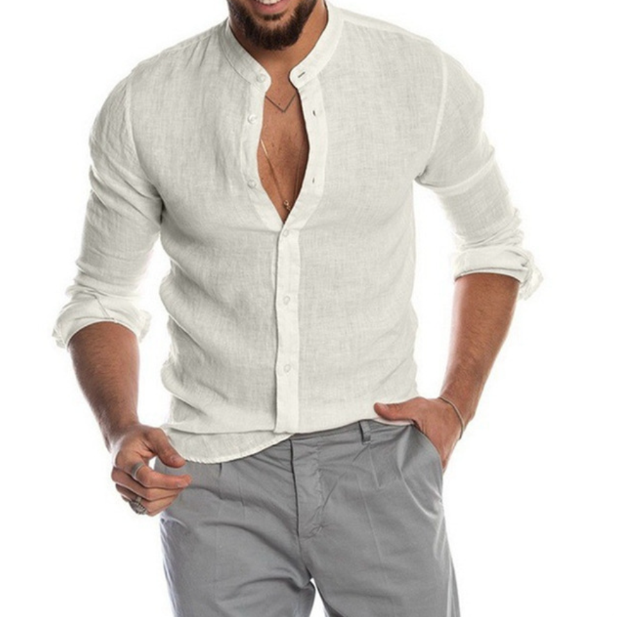 Männerhemd weiß Leinen Stehkragen langarm elegant Herrenmode Sommerbekleidung