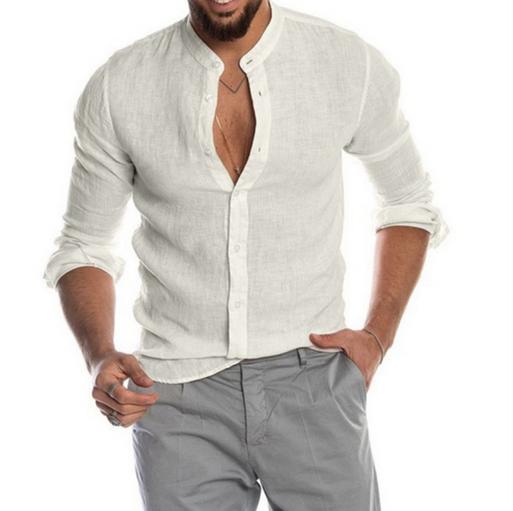 Männerhemd weiß Leinen Stehkragen langarm elegant Herrenmode Sommerbekleidung