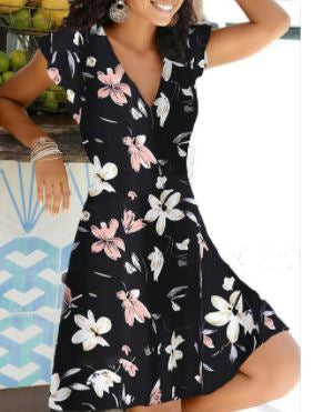 Schwarzes Sommerkleid mit Blumenmuster, ärmellos, V-Ausschnitt, Damenmode.