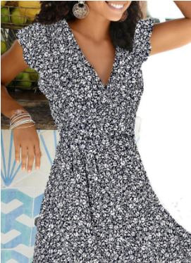 Schwarzes Sommerkleid mit Blumenmuster, V-Ausschnitt, kurze Ärmel, Damenmode, Freizeitkleidung.