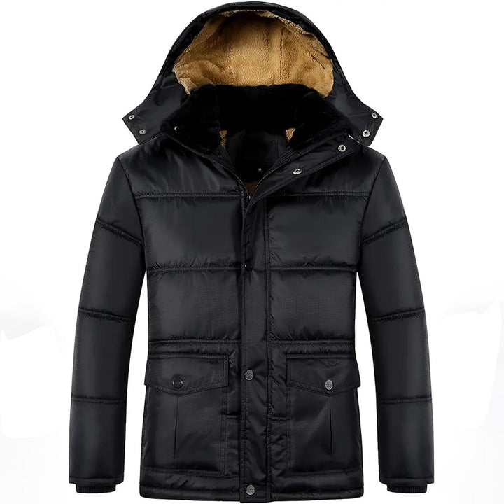 Schwarze Winterjacke mit Kapuze, warm gefüttert, wasserabweisend, Herrenmode.