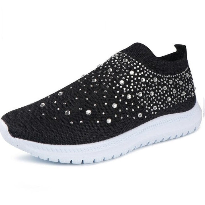 Schwarzer Sneaker mit Strasssteinen, Damen, rutschfest, atmungsaktiv, modisch, bequem.