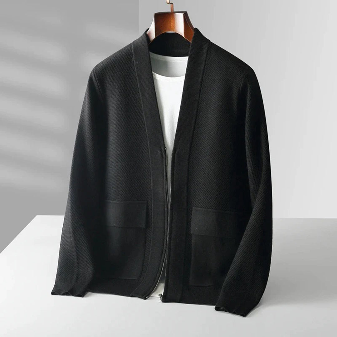 Schwarze Strickjacke aus Baumwolle, Herrenmode, lässig, elegant, mit Reißverschluss.