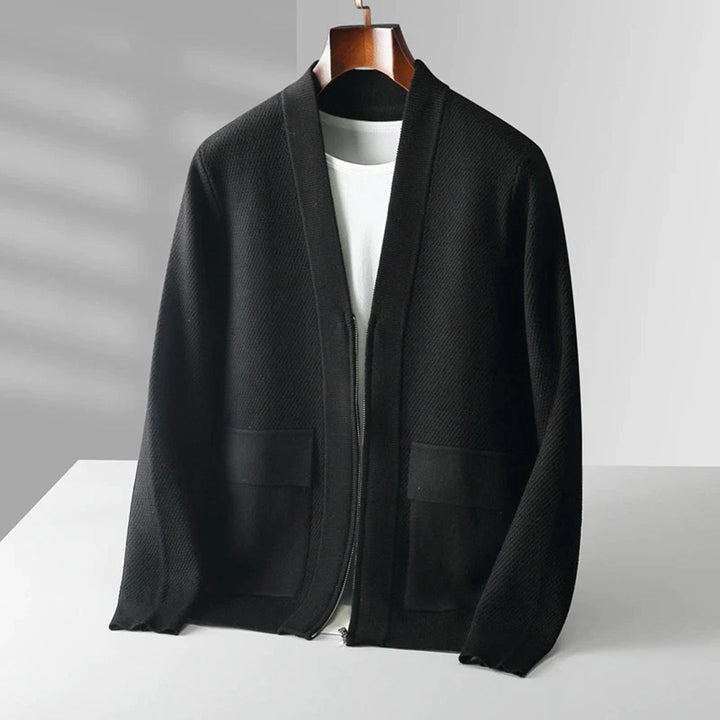 Schwarze Strickjacke aus Baumwolle, Herrenmode, lässig, elegant, mit Reißverschluss.