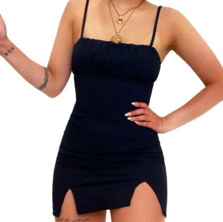 Schwarzes Minikleid Damen, Spaghettiträger, figurbetont, elegant, Partykleid, Sommermode.