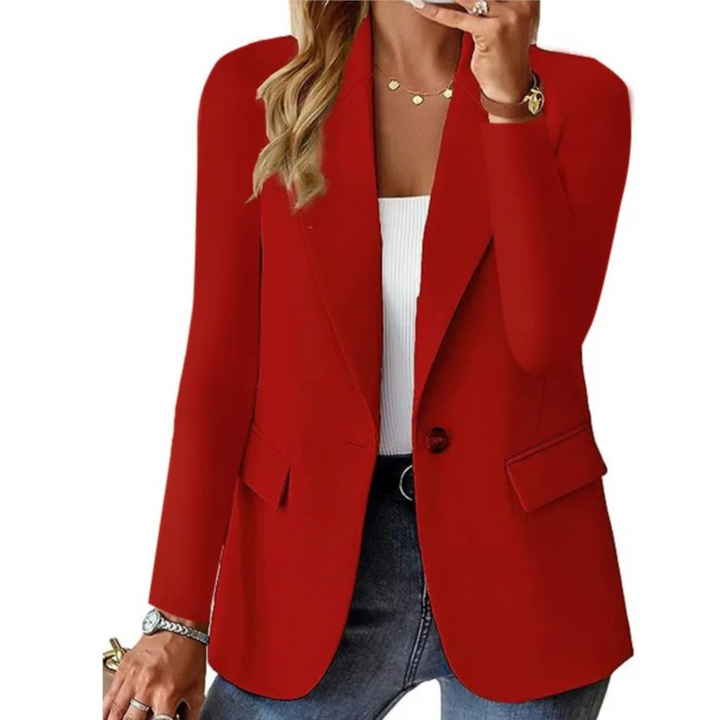 Roter Damenblazer, elegantes Design, tailliert, für Business und Freizeit.
