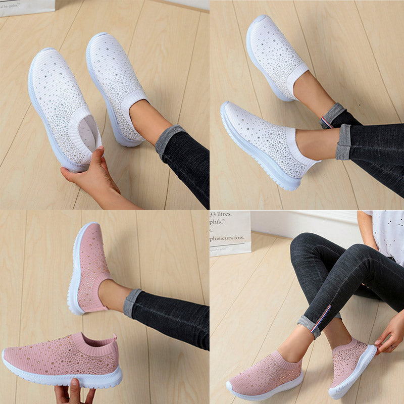 Weiße und rosa Damen-Sneaker mit Strass, atmungsaktiv, rutschfest, modisch.