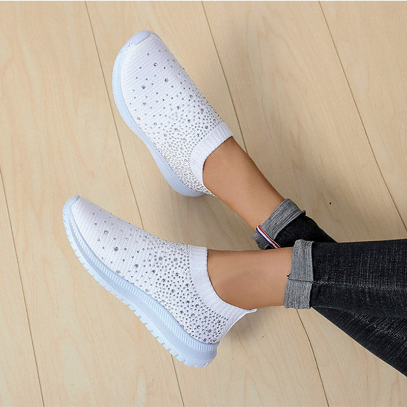 Weiße Damen-Sneaker mit Strass, atmungsaktiv, rutschfest, modisch, bequem, Freizeit-Schuhe.