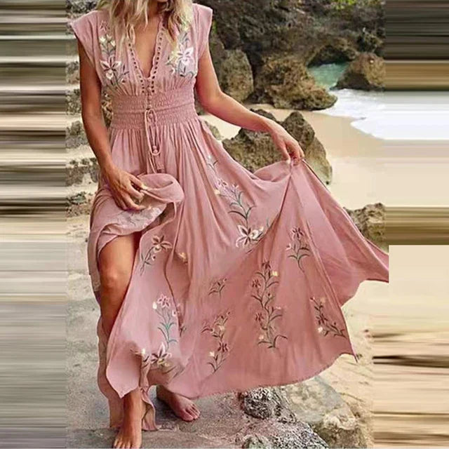 Boho letní midi šaty s V-výstřihem a vzdušným designem – Talia