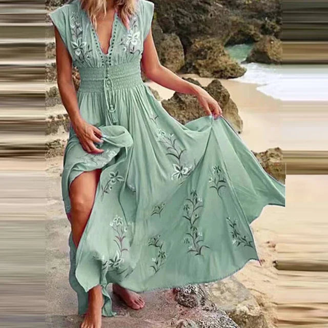Boho letní midi šaty s V-výstřihem a vzdušným designem – Talia