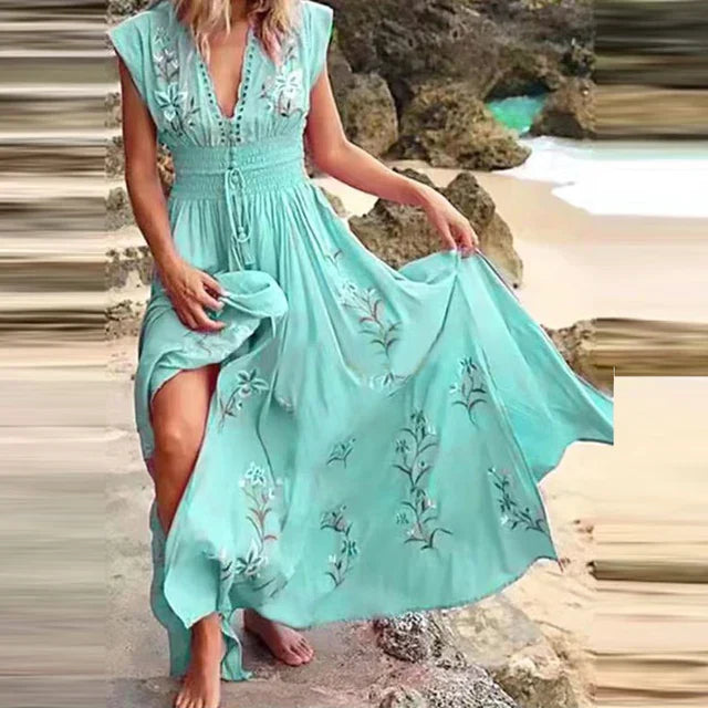 Boho letní midi šaty s V-výstřihem a vzdušným designem – Talia