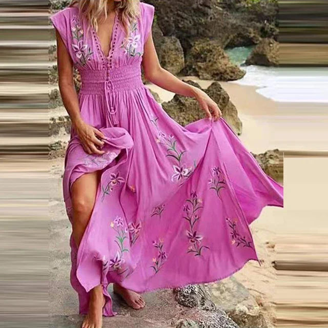 Boho letní midi šaty s V-výstřihem a vzdušným designem – Talia