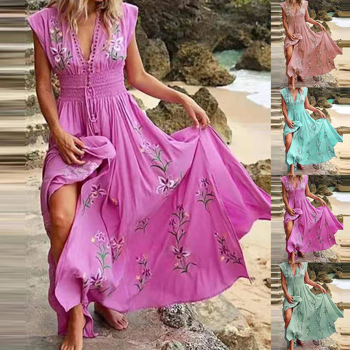 Boho letní midi šaty s V-výstřihem a vzdušným designem – Talia