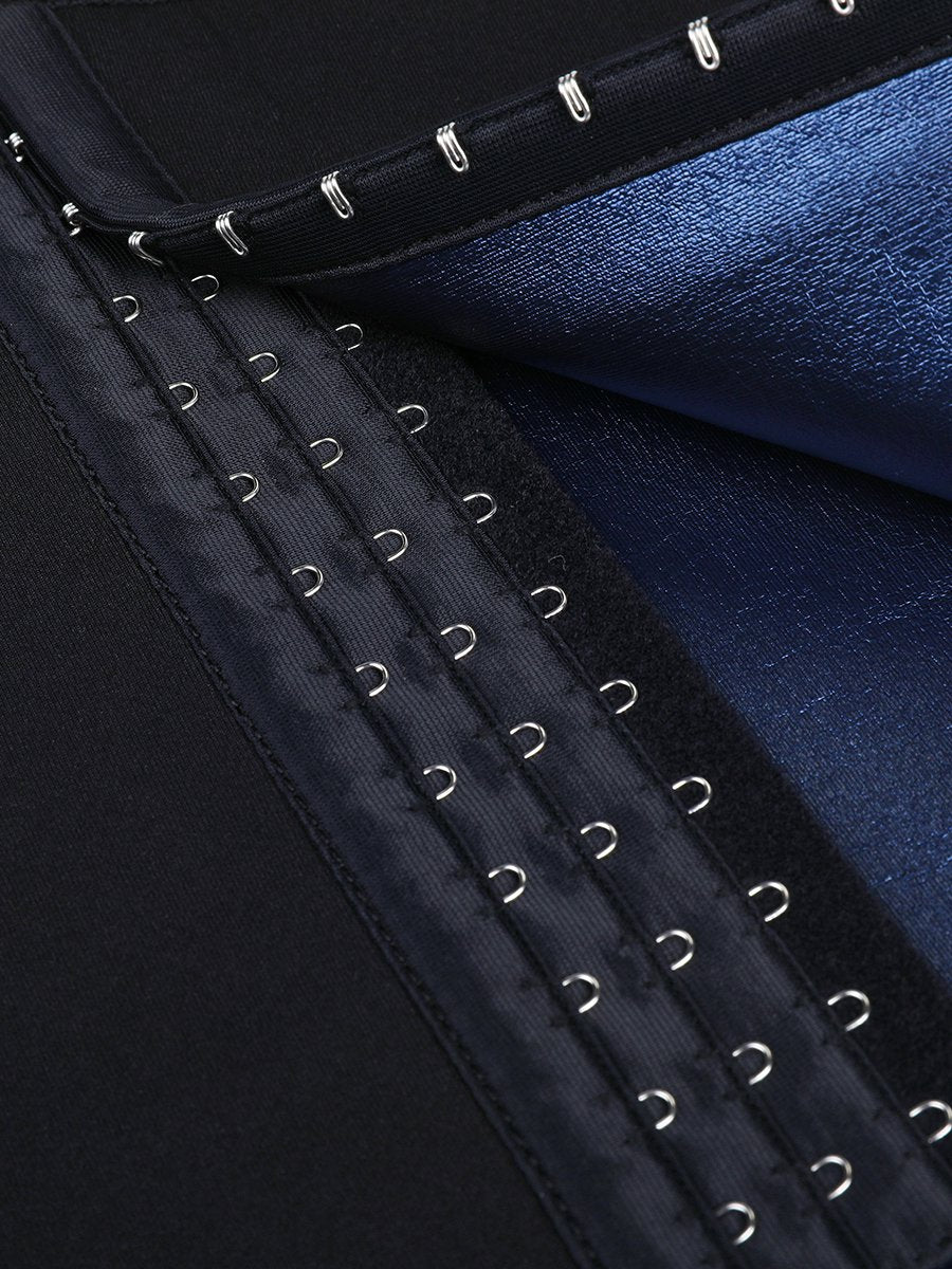 Schwarzes Korsett mit Hakenverschluss, glänzendes blaues Innenfutter, Damenmode Accessoire.