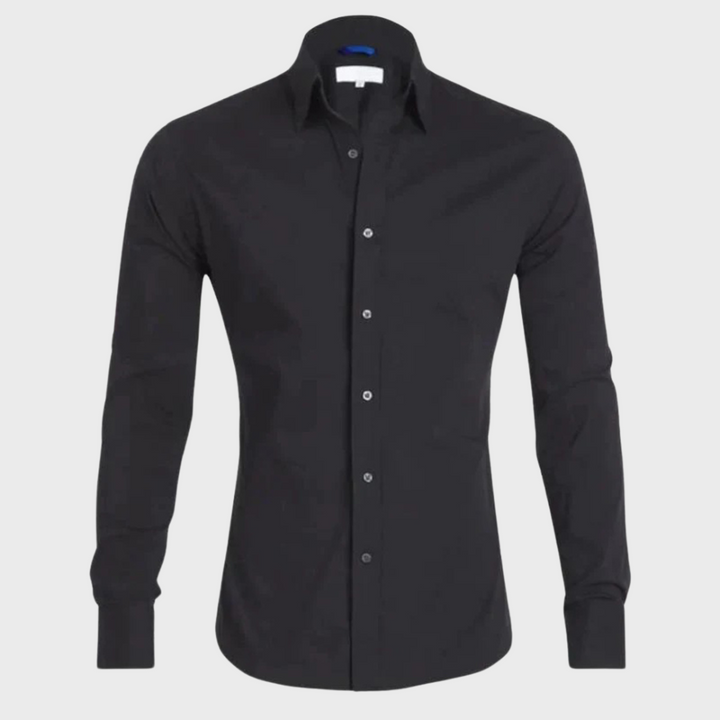 Schwarzes Herrenhemd, langärmelig, Knopfleiste, klassischer Kragen, elegante Mode.