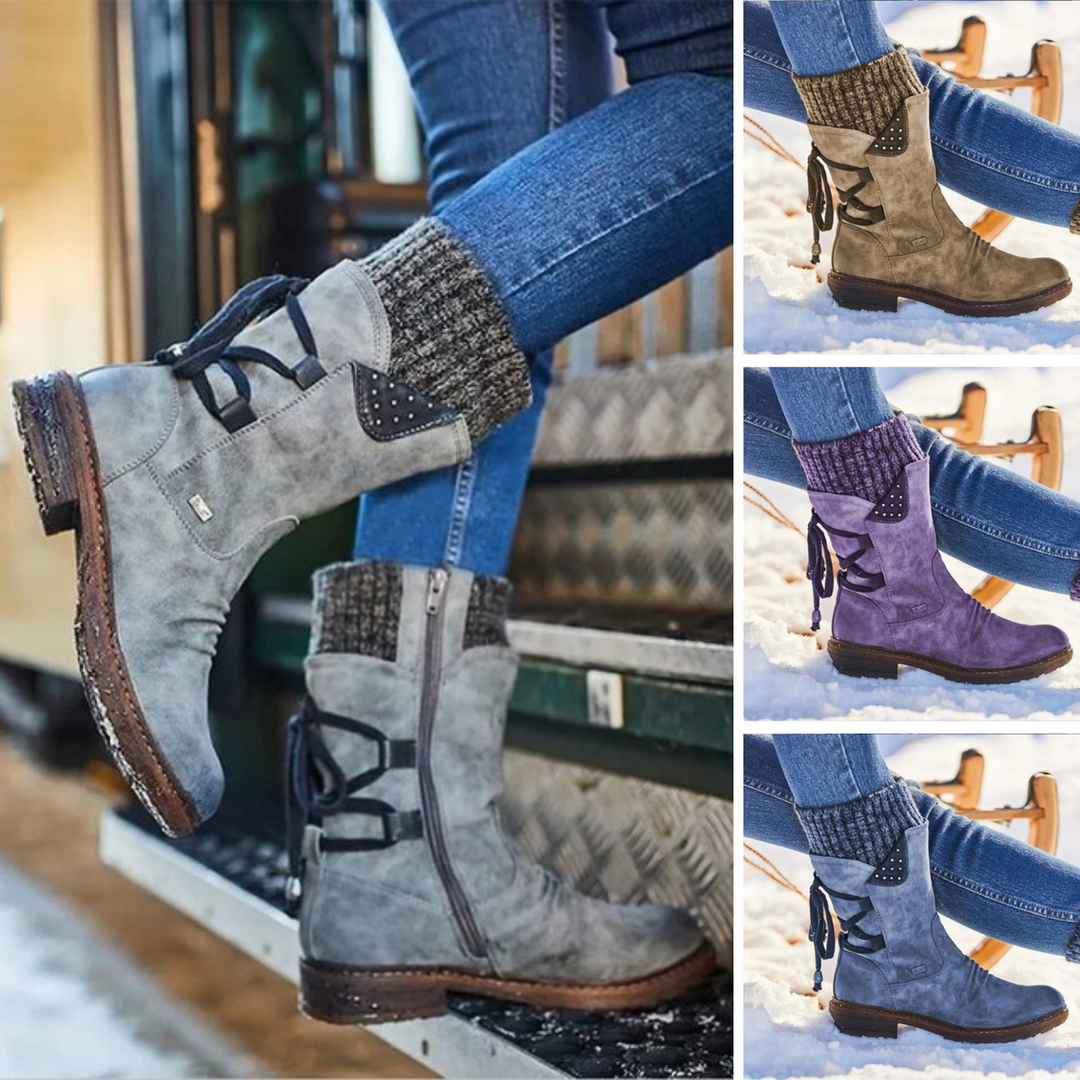 Damen Winterstiefel, grau, mittelhoch, Leder, Schnürung, warm gefüttert, rutschfeste Sohle.