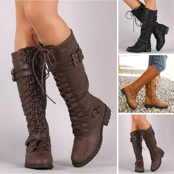 Damenstiefel aus Leder, braun und schwarz, Schnürung, modisch, robust, Herbst-Winter-Stil.