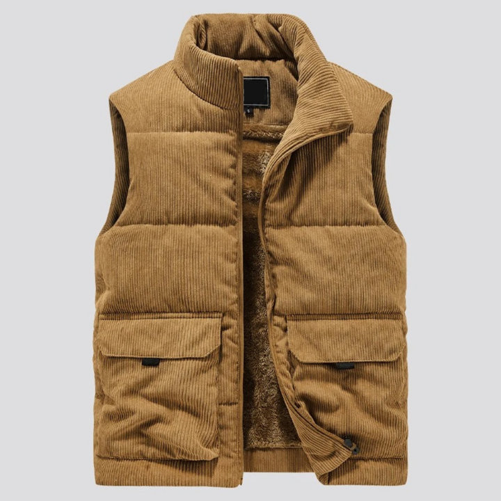 Braune Cordweste für Herren, ärmellos, mit Taschen, modisch, warm, Herbstmode.