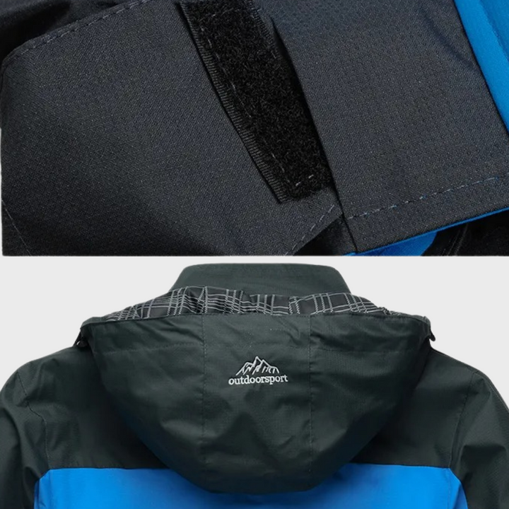 Schwarze Outdoorjacke mit blauer Kapuze, Klettverschluss, wetterfest, für Herren.