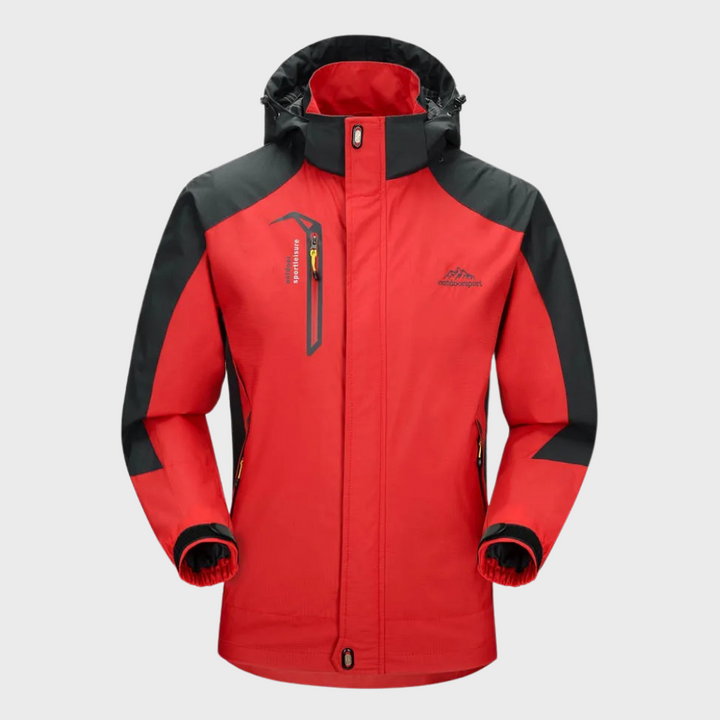 Rote Herren-Skijacke, wasserdicht, atmungsaktiv, mit Kapuze und Reißverschlusstaschen.