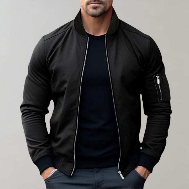 Schwarze Herren-Bomberjacke, Reißverschluss, Baumwolle, modisch, lässig, langärmelig.