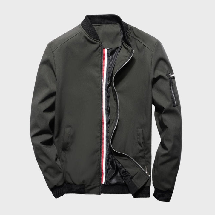 Grüne Bomberjacke für Herren, Reißverschluss, Tasche am Ärmel, modisch, lässig, Polyester.
