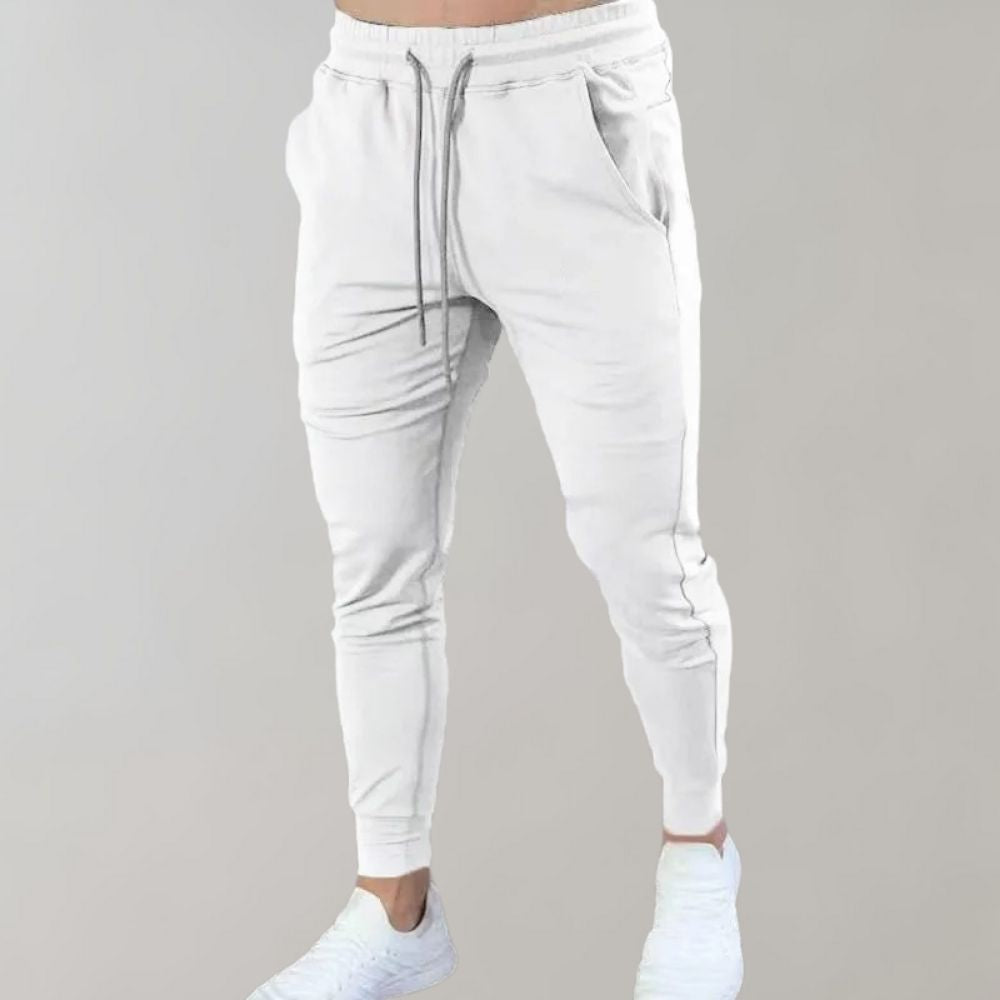Weiße Jogginghose für Herren, Baumwolle, elastischer Bund, sportlich, bequem.