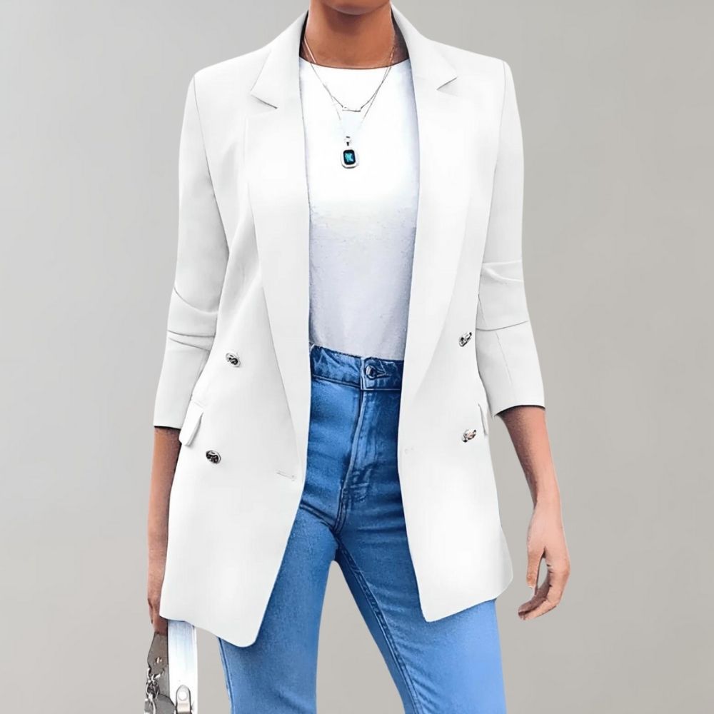 Weiße Damenblazer, elegant, langärmelig, mit Knöpfen, modisch, für Büro oder Freizeit.