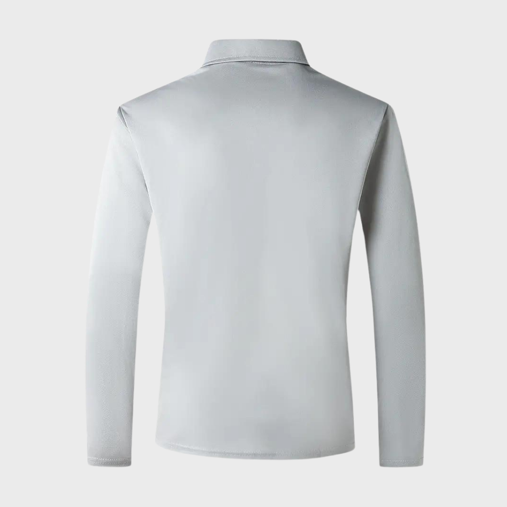 Silbergraues Langarm-Poloshirt für Herren, atmungsaktives Material, klassischer Kragen.