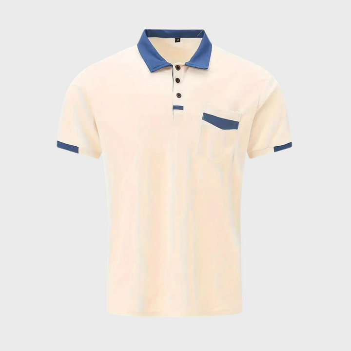 Apricotfarbenes Polohemd mit blauen Akzenten, Kurzarm, Knopfleiste, Herrenmode.