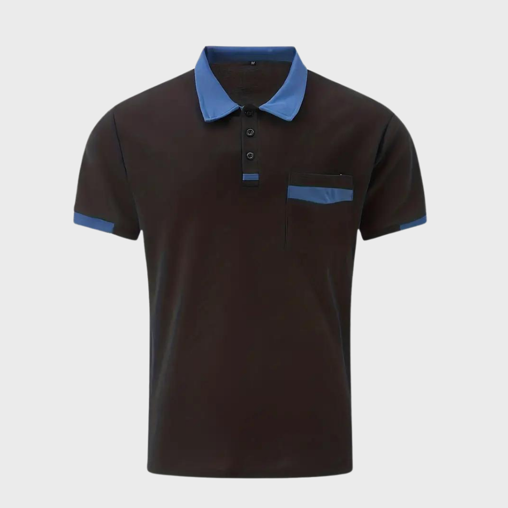 Schwarzes Polohemd mit blauen Akzenten, Kurzarm, Knopfleiste, Brusttasche.