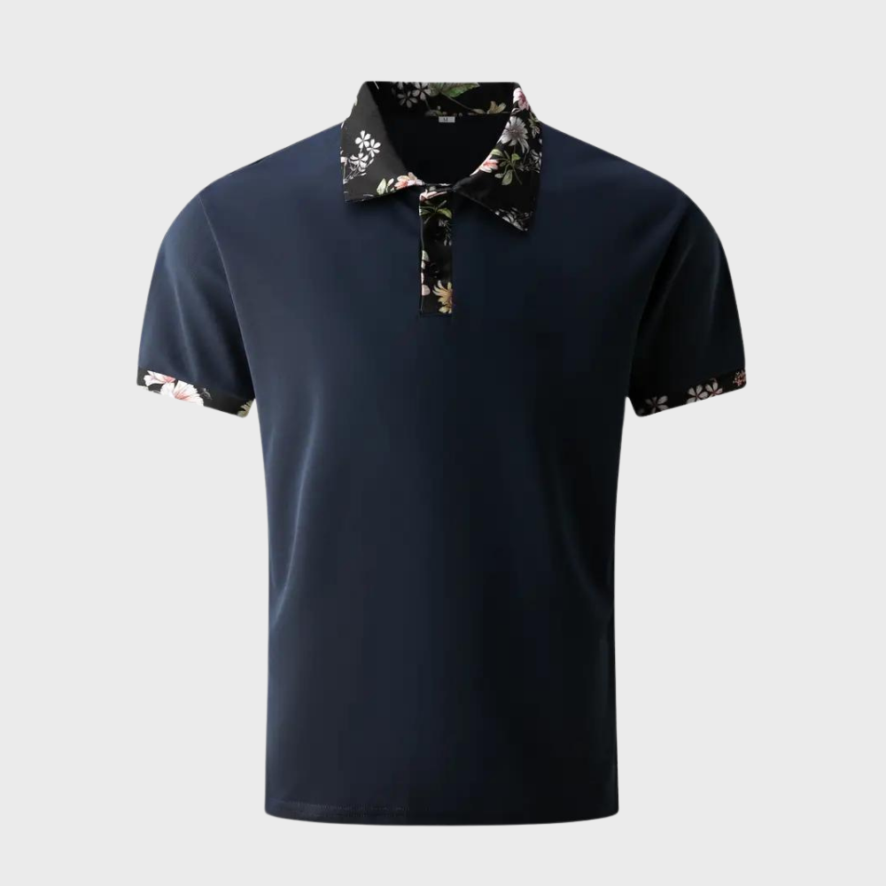 Dunkelblaues Polohemd mit Blumenmuster-Kragen, Herrenmode, stilvoll, kurzärmelig.
