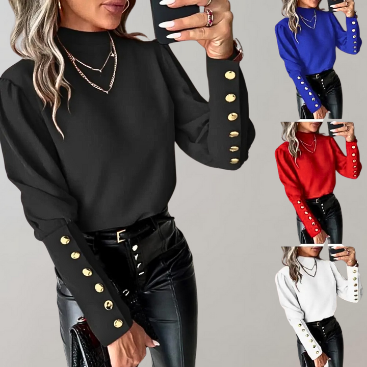 Damenbluse mit goldenen Knöpfen, schwarz, rot, blau, weiß, elegantes Design, Langarm.
