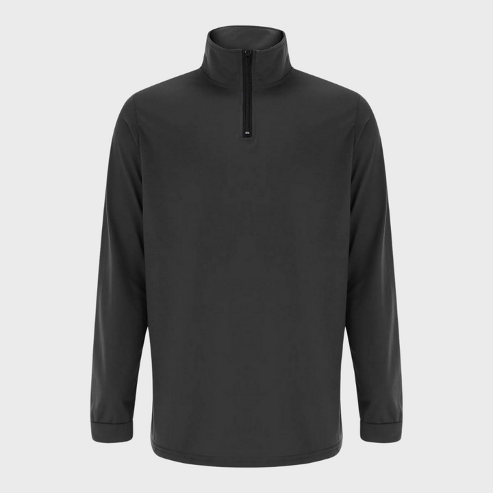 Schwarzer Herren-Pullover mit Reißverschluss, langärmelig, atmungsaktiv, Freizeitmode.