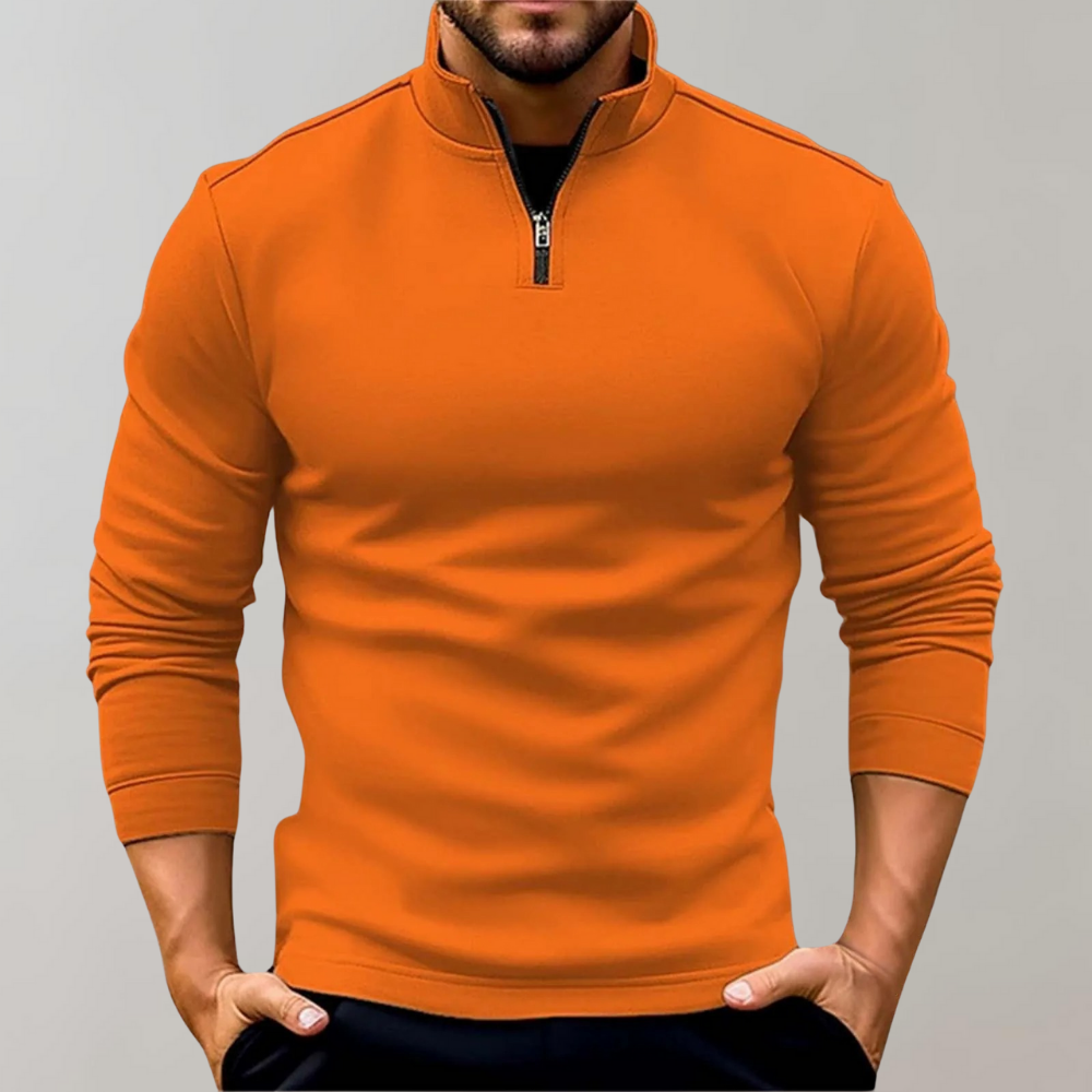 Orangefarbener Herrenpullover mit Reißverschluss, Langarm, modisch, bequem, Freizeitkleidung.