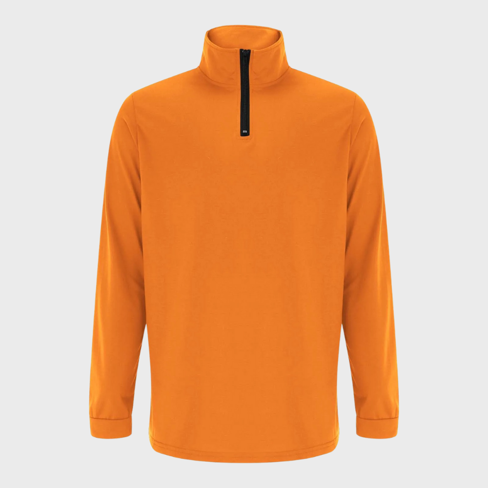 Orangefarbener Pullover mit Reißverschluss, Langarm, Unisex, atmungsaktiv, Freizeitmode.